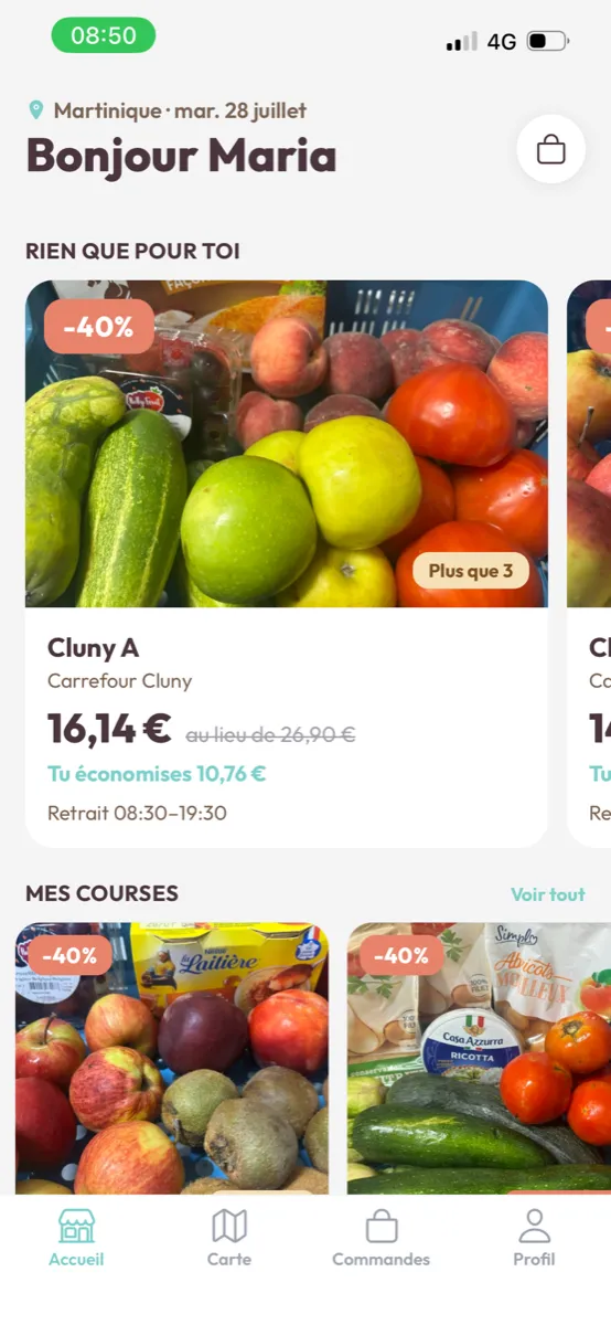 Capture d'écran de l'app Kopa : accueil avec des offres anti-gaspi à prix réduits près de chez vous