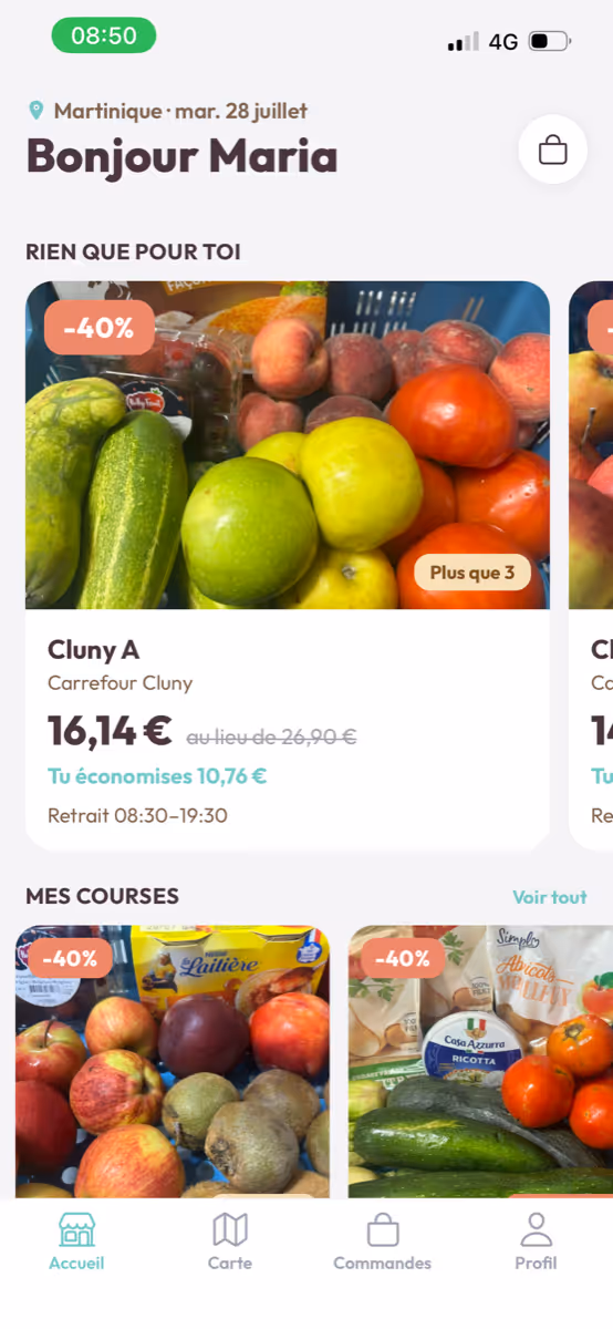 Capture d'écran de l'app Kopa : accueil avec des offres anti-gaspi à prix réduits près de chez vous