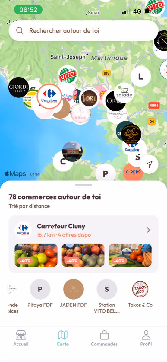 Capture d'écran de l'app Kopa : carte des commerces partenaires près de chez vous