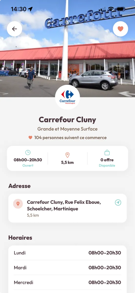 Capture d'écran de l'app Kopa : fiche d'un commerce avec ses horaires et son adresse pour le retrait