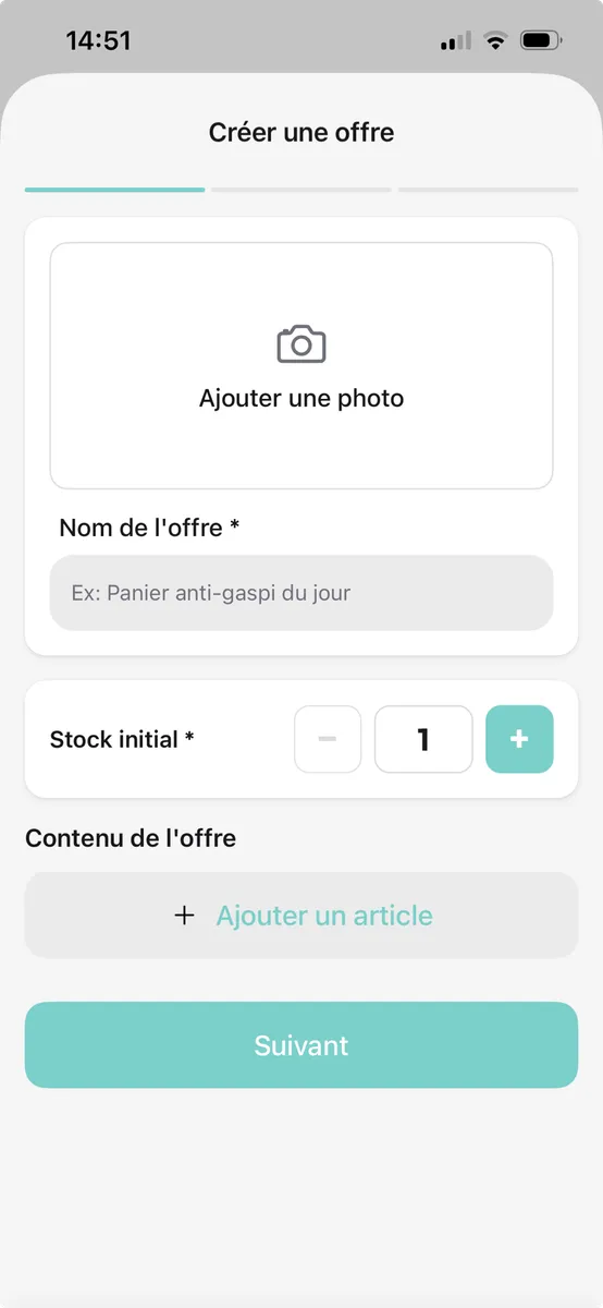 App Kopa Pro : écran de création d'une offre (photo, nom, stock, contenu)